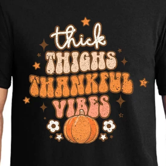 Thick Thighs Thankful Vibes Retro Wavy Flowers Pumpkin Fall Gift Pajama Set