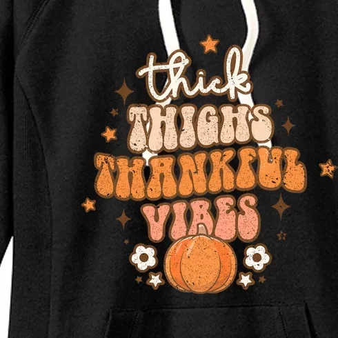 Thick Thighs Thankful Vibes Retro Wavy Flowers Pumpkin Fall Gift Women's Fleece Hoodie