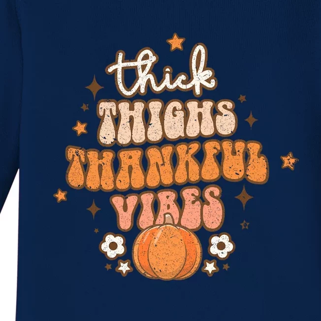 Thick Thighs Thankful Vibes Retro Wavy Flowers Pumpkin Fall Gift Baby Long Sleeve Bodysuit