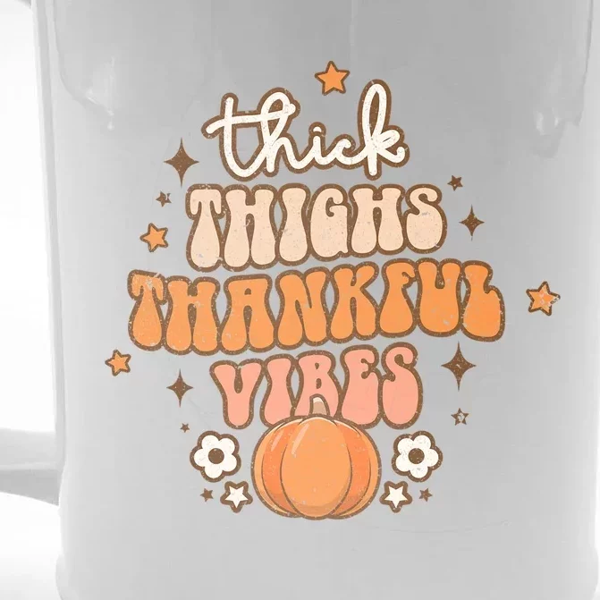 Thick Thighs Thankful Vibes Retro Wavy Flowers Pumpkin Fall Gift Front & Back Beer Stein