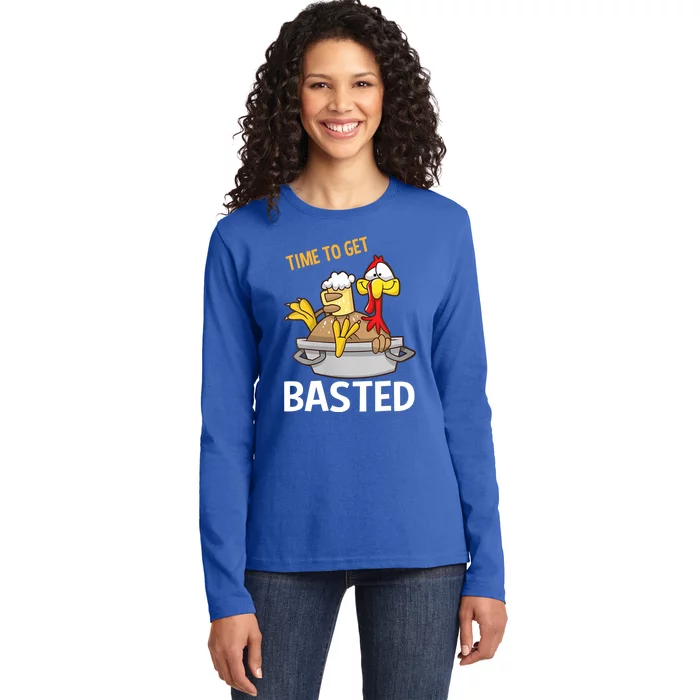 Turkey Time To Get Basted Retro Happy Thanksgiving Gift Ladies Long Sleeve Shirt