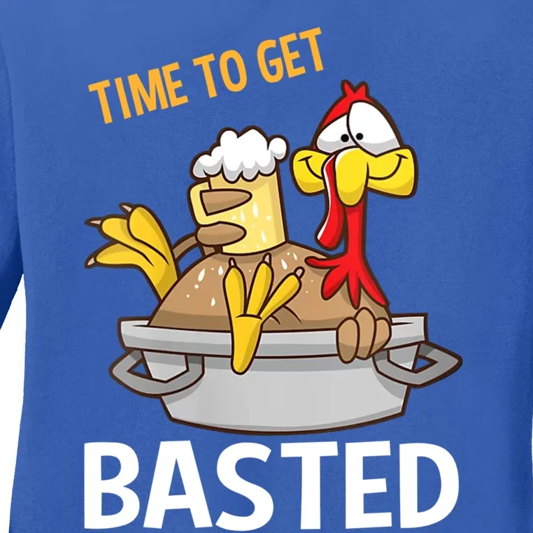 Turkey Time To Get Basted Retro Happy Thanksgiving Gift Ladies Long Sleeve Shirt