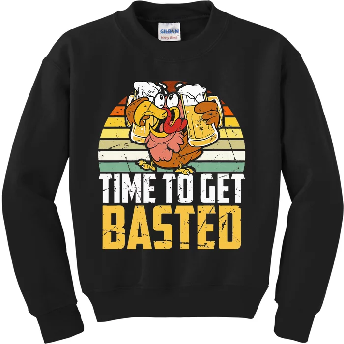 Turkey Time To Get Basted Retro Happy Thanksgiving Kids Sweatshirt