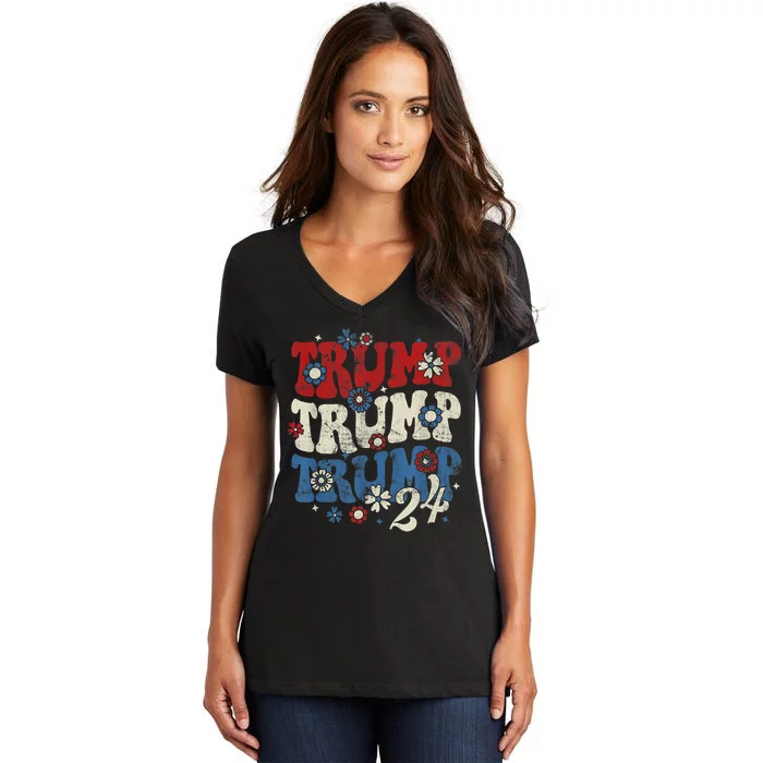 Trump Trump Trump 2024 Retro Groovy Women's V-Neck T-Shirt