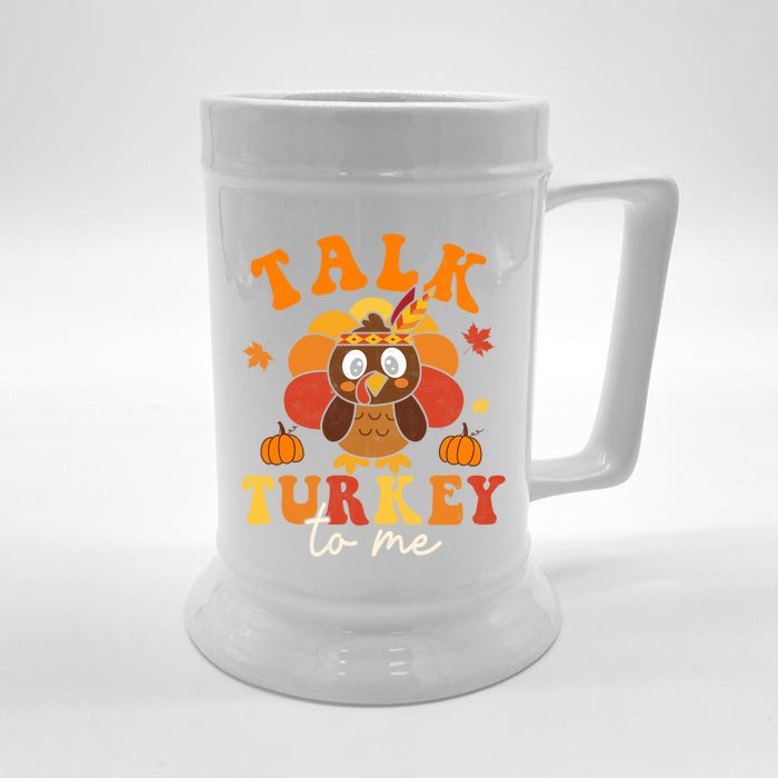 Talk Turkey To Me Autumn Fall Yall Thanksgiving Groovy Retro Cute Gift Front & Back Beer Stein