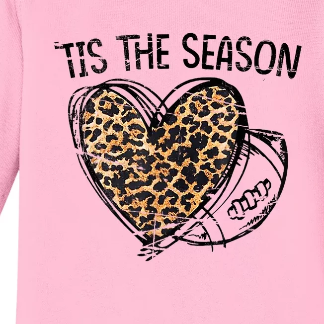 Tis To The Season Leopard Heart Football Season Game Day Baby Long Sleeve Bodysuit