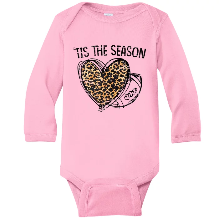 Tis To The Season Leopard Heart Football Season Game Day Baby Long Sleeve Bodysuit