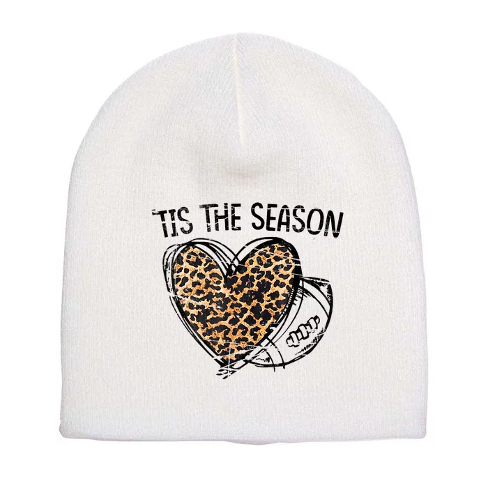 Tis To The Season Leopard Heart Football Season Game Day Short Acrylic Beanie