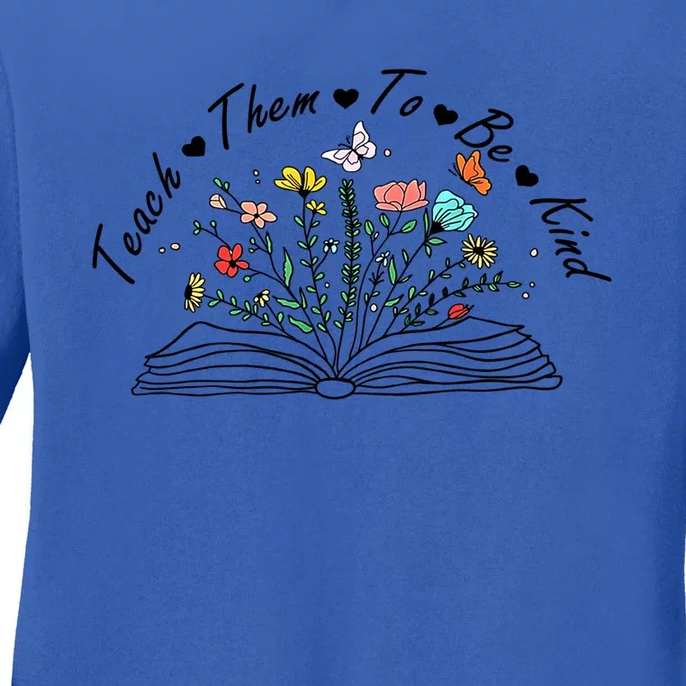 Teach Them To Be Kind Retro Daisy Floral Book Teacher Day Meaningful Gift Ladies Long Sleeve Shirt