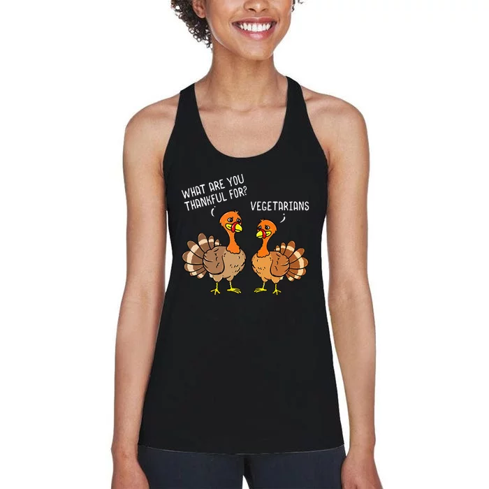 Turkeys Talking Thankful Vegetarians Thanksgiving Vegan Women's Racerback Tank