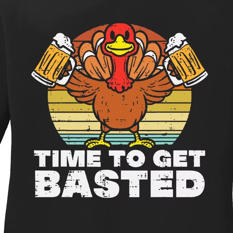 Turkey Time To Get Basted Retro Happy Thanksgiving Ladies Long Sleeve Shirt