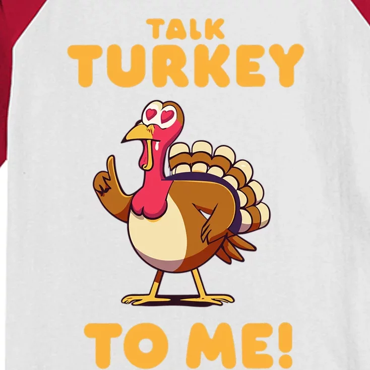 Talk Turkey To Me Funny Thanksgiving Sarcastic Joke Humor Cool Gift Kids Colorblock Raglan Jersey