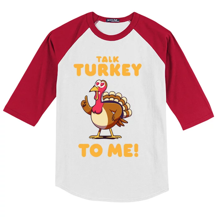 Talk Turkey To Me Funny Thanksgiving Sarcastic Joke Humor Cool Gift Kids Colorblock Raglan Jersey