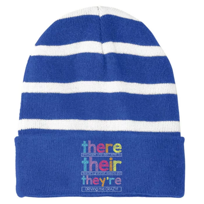 There Their TheyRe English Grammar Teacher Striped Beanie with Solid Band