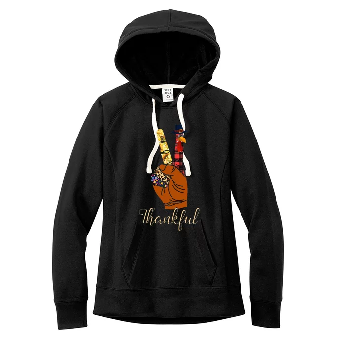 Thankful Thanksgiving Turkey Peace Hand Sign Women's Fleece Hoodie