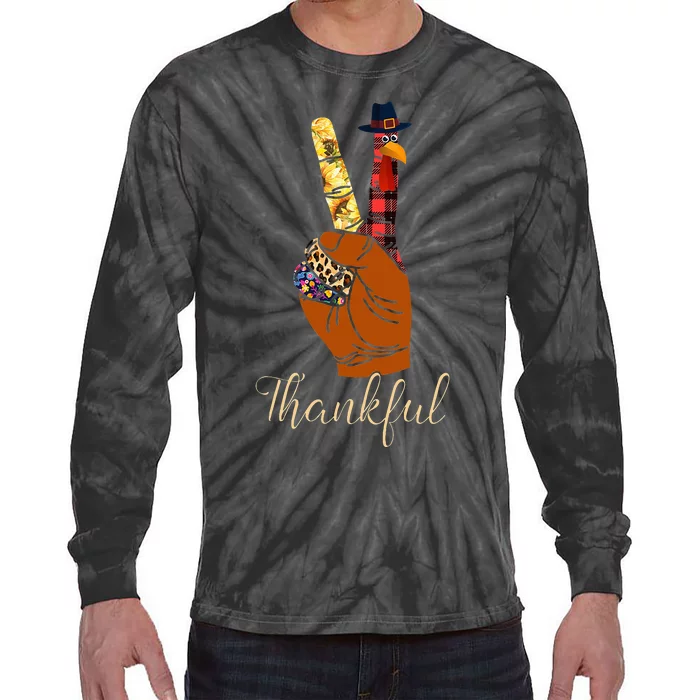 Thankful Thanksgiving Turkey Peace Hand Sign Tie-Dye Long Sleeve Shirt