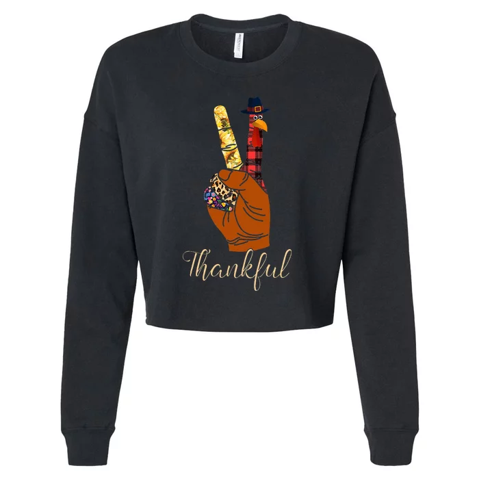 Thankful Thanksgiving Turkey Peace Hand Sign Cropped Pullover Crew