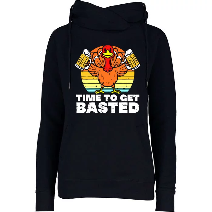 Turkey Time To Get Basted Retro Happy Thanksgiving Womens Funnel Neck Pullover Hood