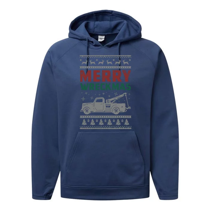 Tow Truck Ugly Christmas Sweater Merry Xmas Towing Performance Fleece Hoodie