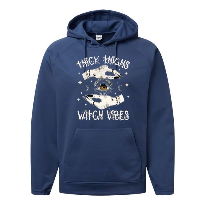 Thick Thighs Witch Vibes Halloween Moon Witches Tattoo Performance Fleece Hoodie