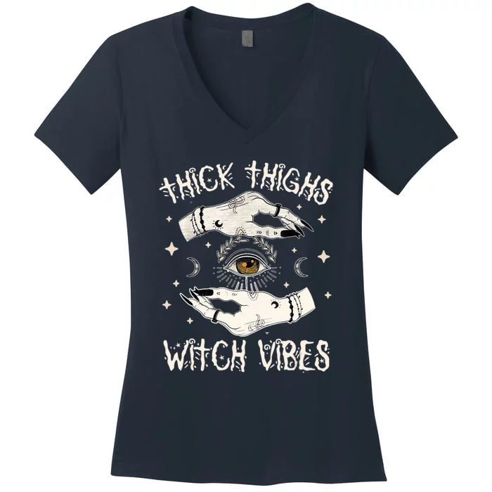 Thick Thighs Witch Vibes Halloween Moon Witches Tattoo Women's V-Neck T-Shirt