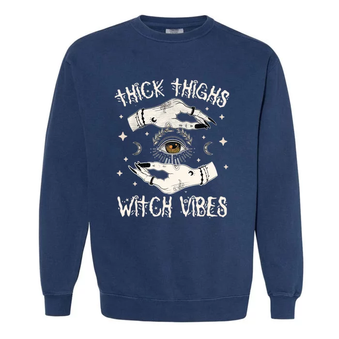 Thick Thighs Witch Vibes Halloween Moon Witches Tattoo Garment-Dyed Sweatshirt