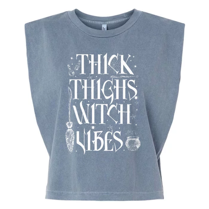 Thick Thighs Witch Vibes Funny Halloween Garment-Dyed Women's Muscle Tee