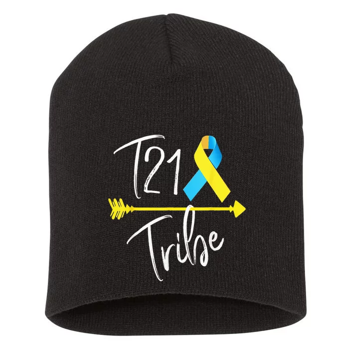 T21 Tribe World Down Syndrome Awareness Day Blue Yellow Short Acrylic Beanie