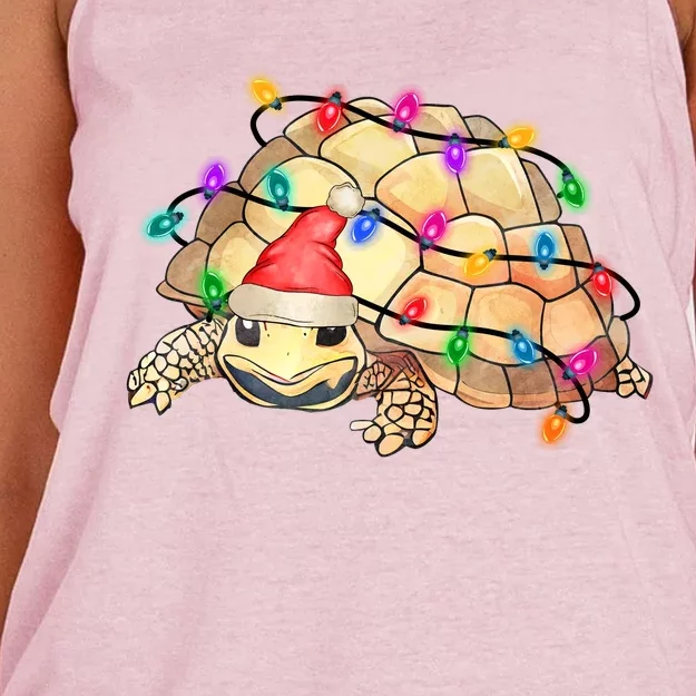 Turtle Tortoise Wearing Santa Hat Christmas Lights Graphic Animal Lover Women's Knotted Racerback Tank