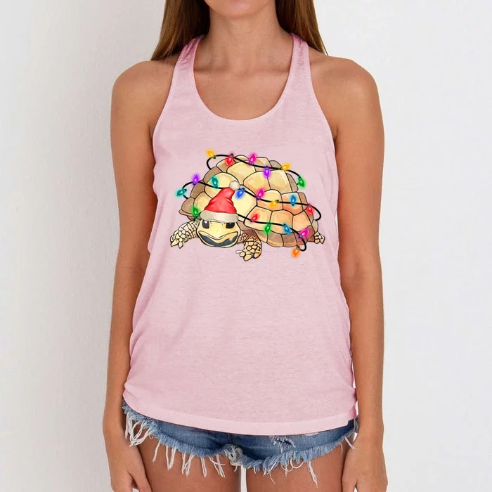 Turtle Tortoise Wearing Santa Hat Christmas Lights Graphic Animal Lover Women's Knotted Racerback Tank