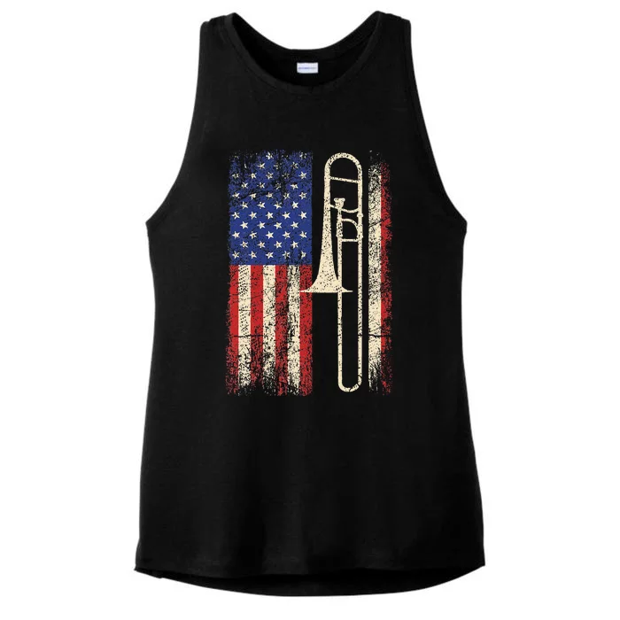 Trombone Usa American Flag Jazz Music Vintage Ladies Tri-Blend Wicking Tank