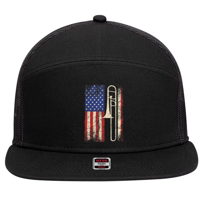 Trombone Usa American Flag Jazz Music Vintage 7 Panel Mesh Trucker Snapback Hat