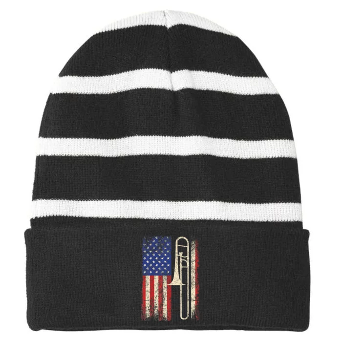 Trombone Usa American Flag Jazz Music Vintage Striped Beanie with Solid Band