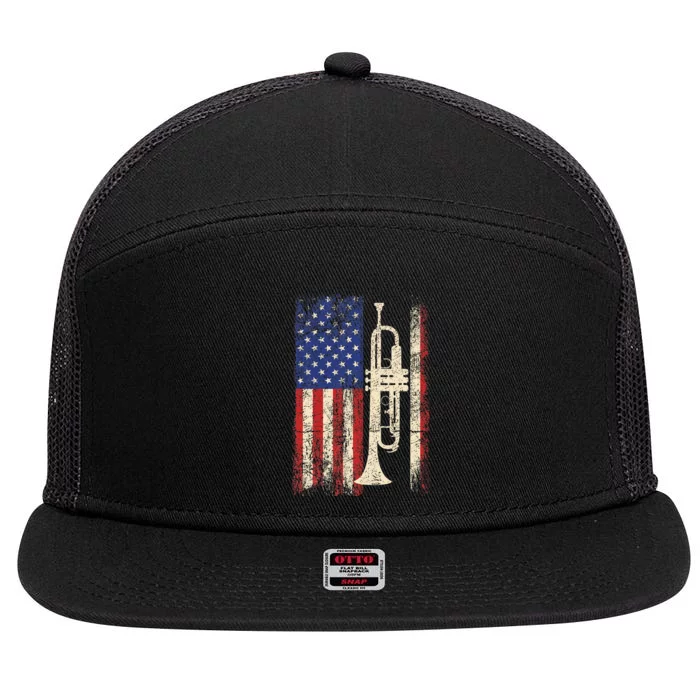 Trumpet Usa American Flag Jazz Music Vintage 7 Panel Mesh Trucker Snapback Hat