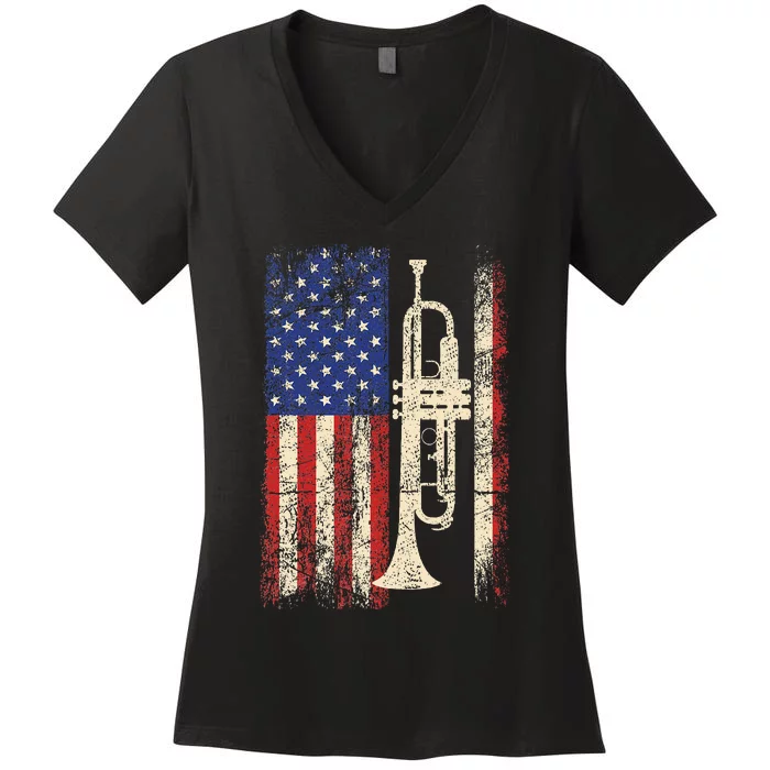 Trumpet Usa American Flag Jazz Music Vintage Women's V-Neck T-Shirt