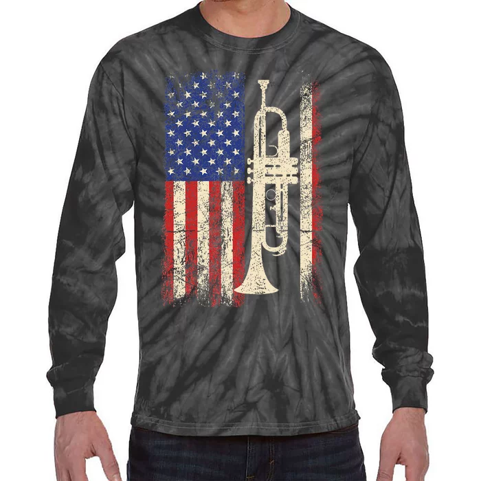 Trumpet Usa American Flag Jazz Music Tie-Dye Long Sleeve Shirt