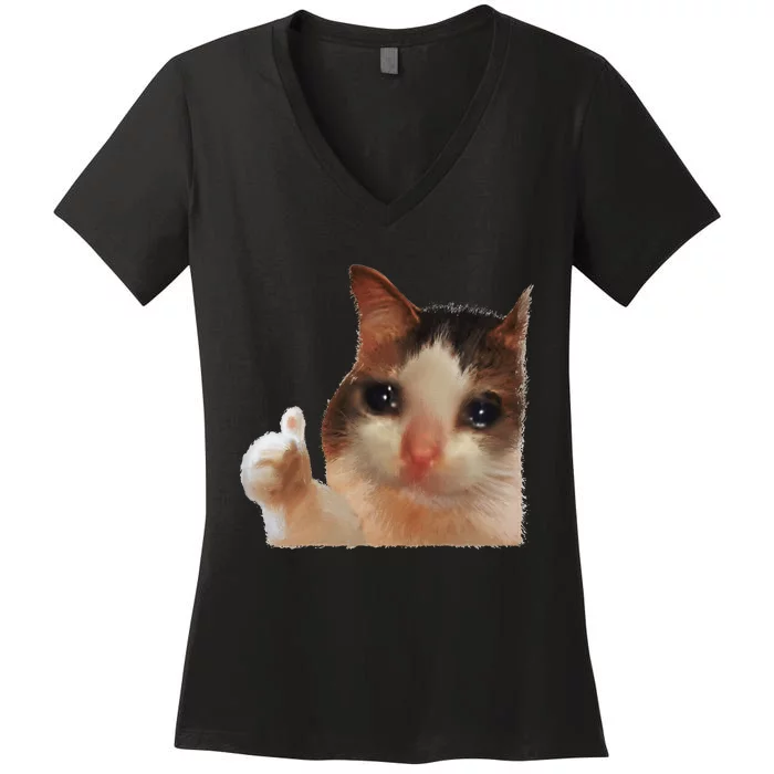 Thumbs Up Crying Cat Meme Cat Crying Thumps Up Memes Sad Cat Women's V-Neck T-Shirt