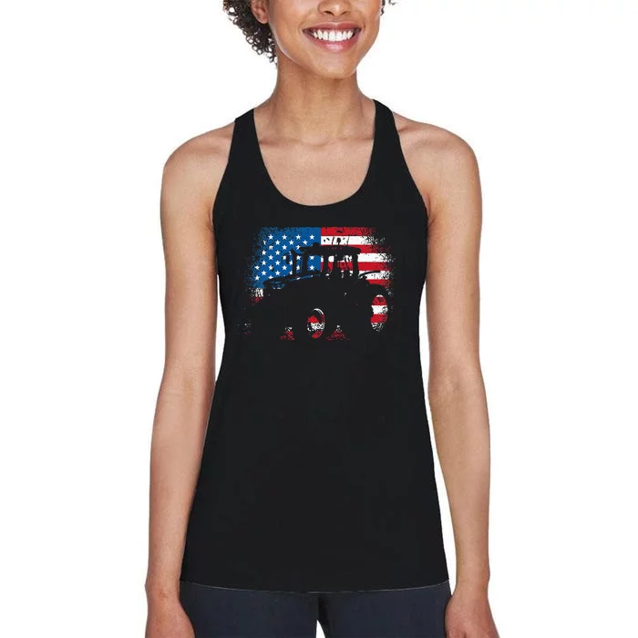 Tractor USA Flag Design For Patriotic Farmer Women's Racerback Tank