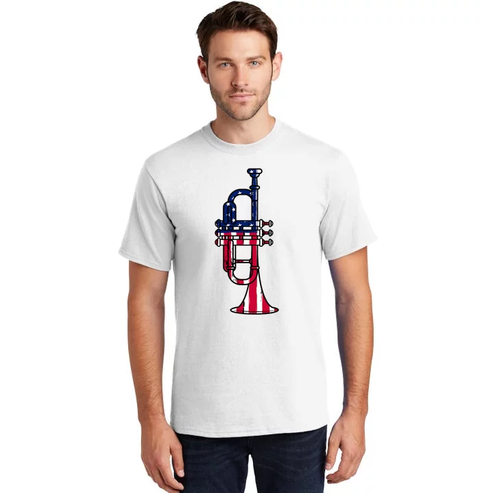 Trumpet Usa Flag Funny Trumpeter Musician 4th Of July Tall T-Shirt