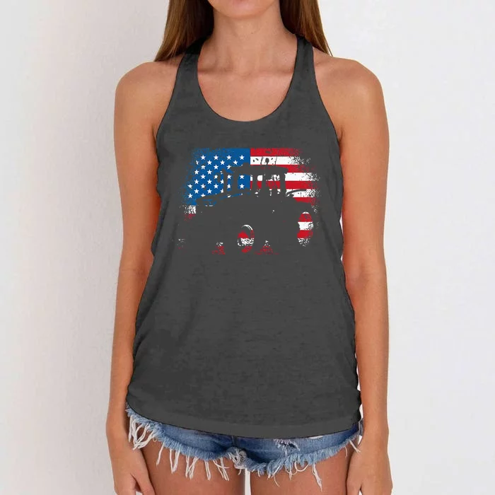 Tractor USA Flag Design For Patriotic Farmer Women's Knotted Racerback Tank