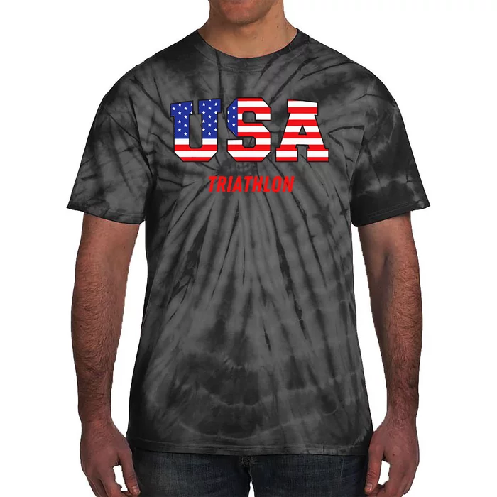 Triathlon Usa Go Team Sport Patriotic American Flag Tie-Dye T-Shirt