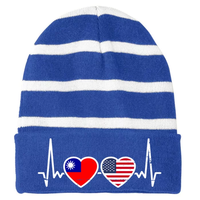 Taiwan Usa Heartbeat Taiwanese American Flag Funny Gift Striped Beanie with Solid Band