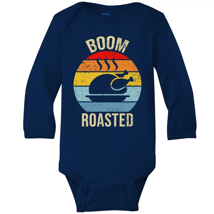 Turkey Boom Roasted Vintage Funny Holiday Baby Long Sleeve Bodysuit