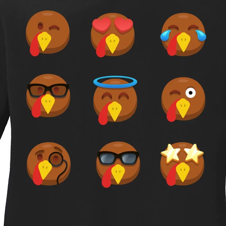 Turkey Emoji's Funny Thanksgiving Ladies Long Sleeve Shirt