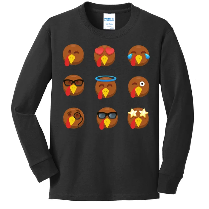 Turkey Emoji's Funny Thanksgiving Kids Long Sleeve Shirt