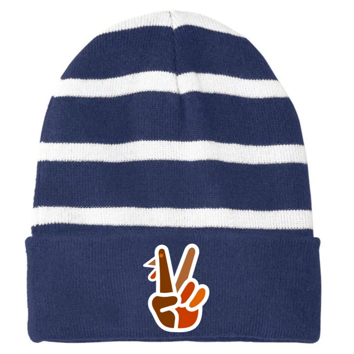 Turkey Peace Sign Hand Striped Beanie with Solid Band