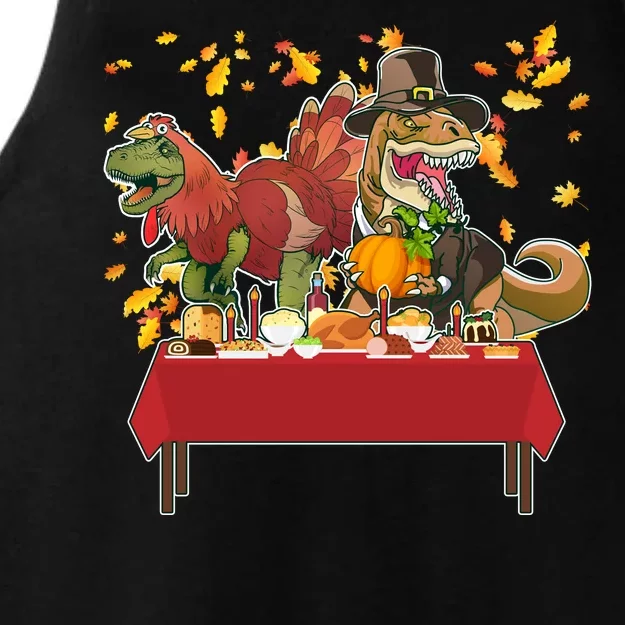 Turkey Pilgrim Dinosaurs T-Rex Funny Thanksgiving Ladies Tri-Blend Wicking Tank