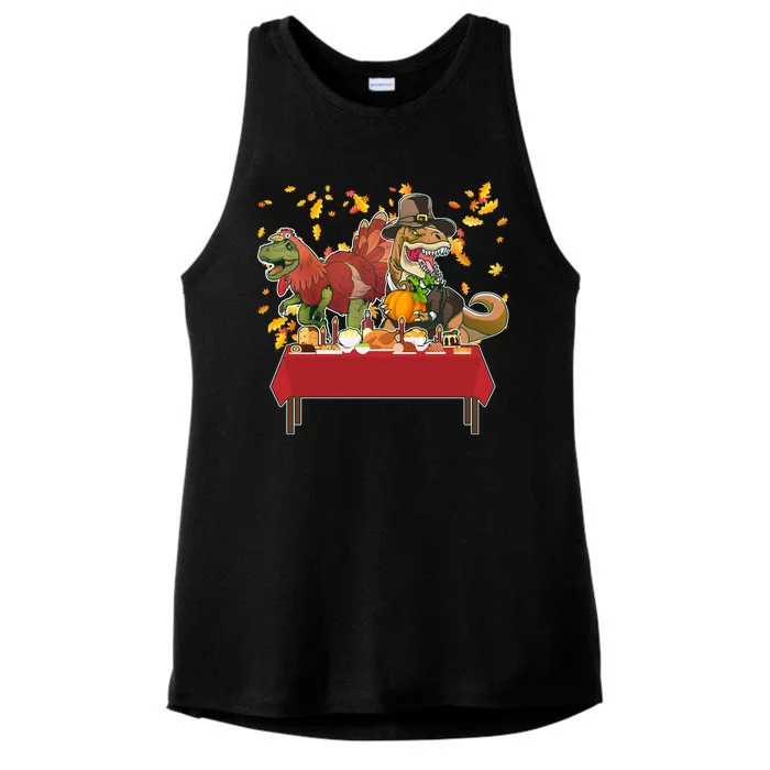 Turkey Pilgrim Dinosaurs T-Rex Funny Thanksgiving Ladies Tri-Blend Wicking Tank