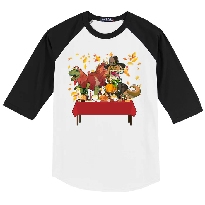 Turkey Pilgrim Dinosaurs T-Rex Funny Thanksgiving Baseball Sleeve Shirt