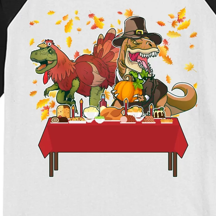 Turkey Pilgrim Dinosaurs T-Rex Funny Thanksgiving Kids Colorblock Raglan Jersey